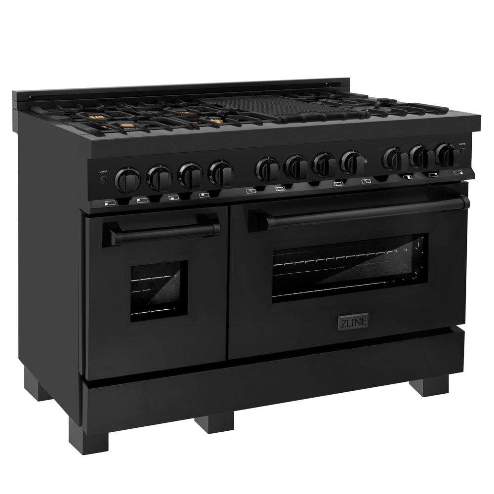 ZLINE 48 in. Kitchen Package with Black Stainless Steel Dual Fuel Range, Convertible Vent Range Hood and Dishwasher (3KP-RABRH48-DW)