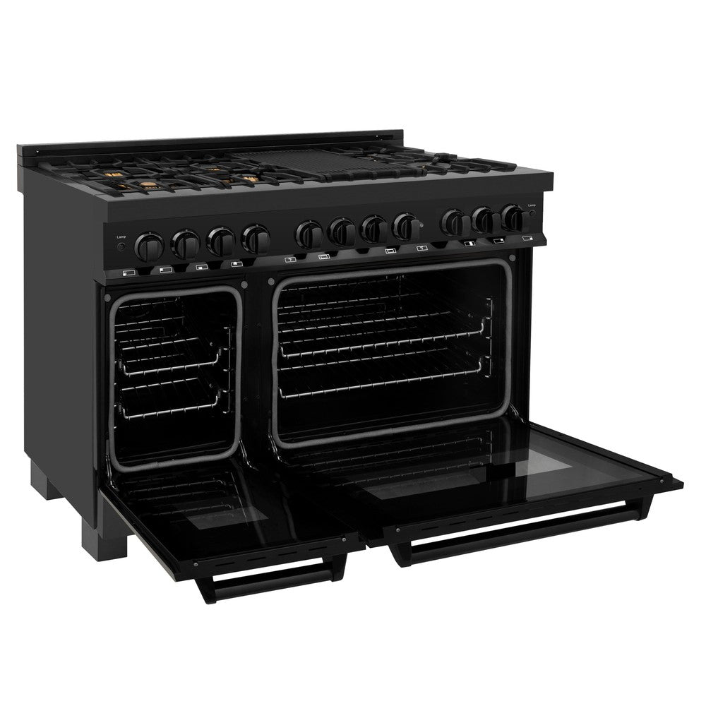 ZLINE 48 in. Kitchen Package with Black Stainless Steel Dual Fuel Range, Convertible Vent Range Hood and Dishwasher (3KP-RABRH48-DW)