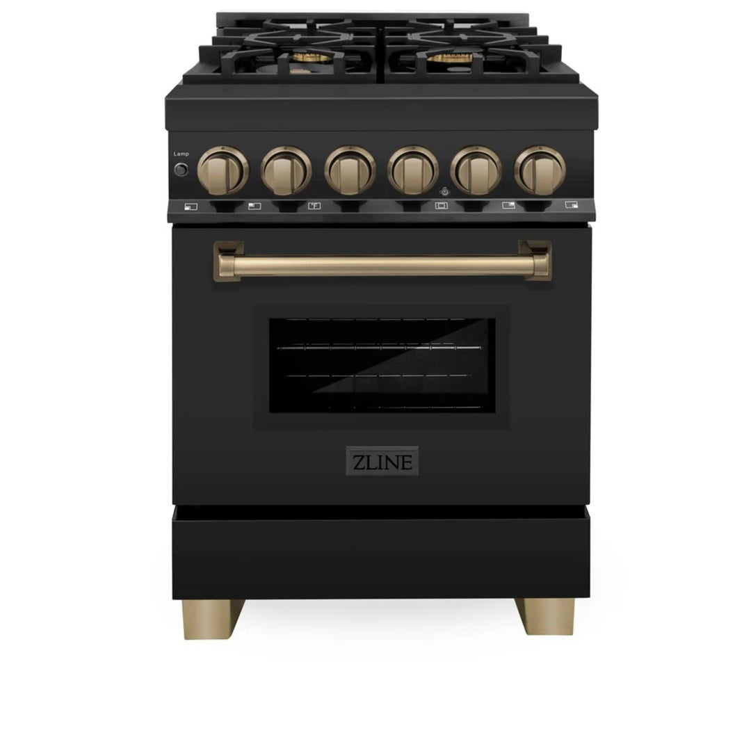 ZLINE 24", 30" &amp; 36" Autograph Edition Legacy Dual Fuel Range with 6 Burner Gas Cooktop and Electric Convection Oven in Black Stainless Steel in Champagne Bronze Accents
