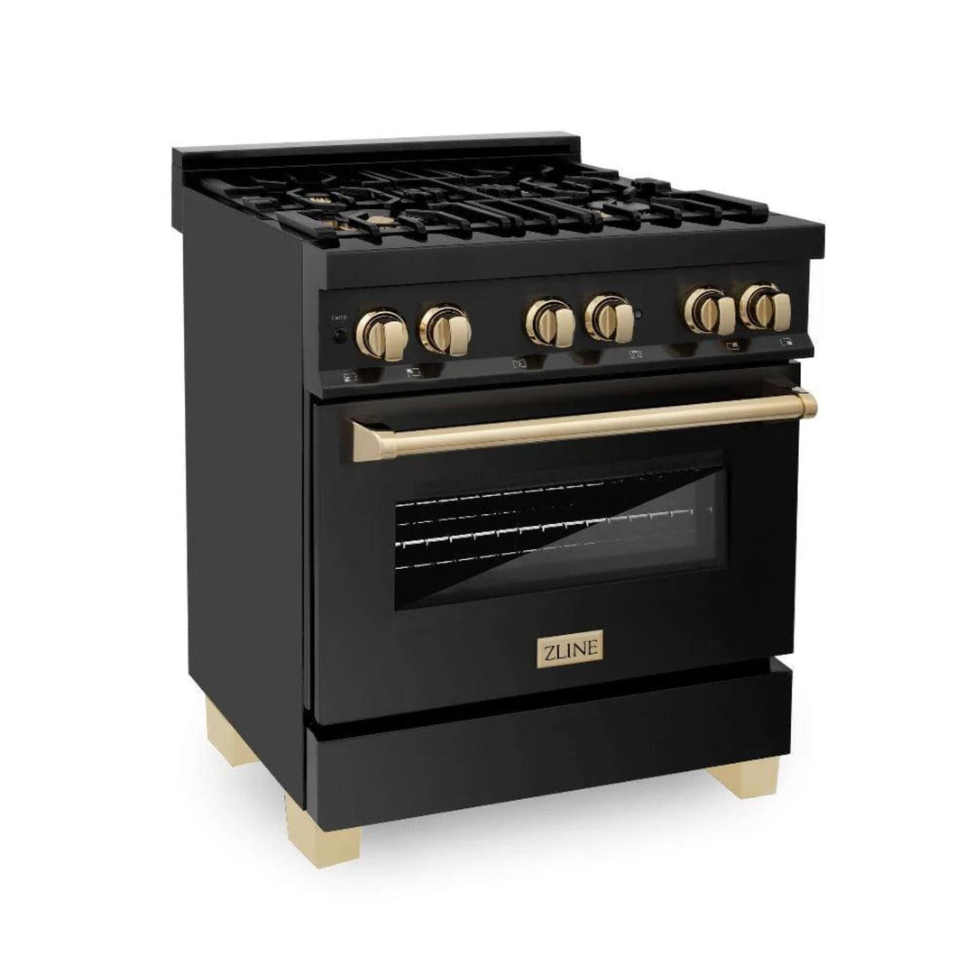 ZLINE Autograph Edition 30", 36", &amp; 48" Black Stainless Steel 4-Piece Kitchen Package with Dual Fuel Range, Range Hood, Dishwasher, and Refrigerator—Polished Gold Accents