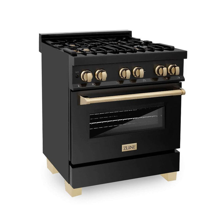 ZLINE Autograph Edition 30 in. Kitchen Package with Black Stainless Steel Dual Fuel Range, Range Hood, Dishwasher, and Refrigerator with External Water Dispenser with Polished Gold Accents (4AKPR-RABRHDWV30-G)