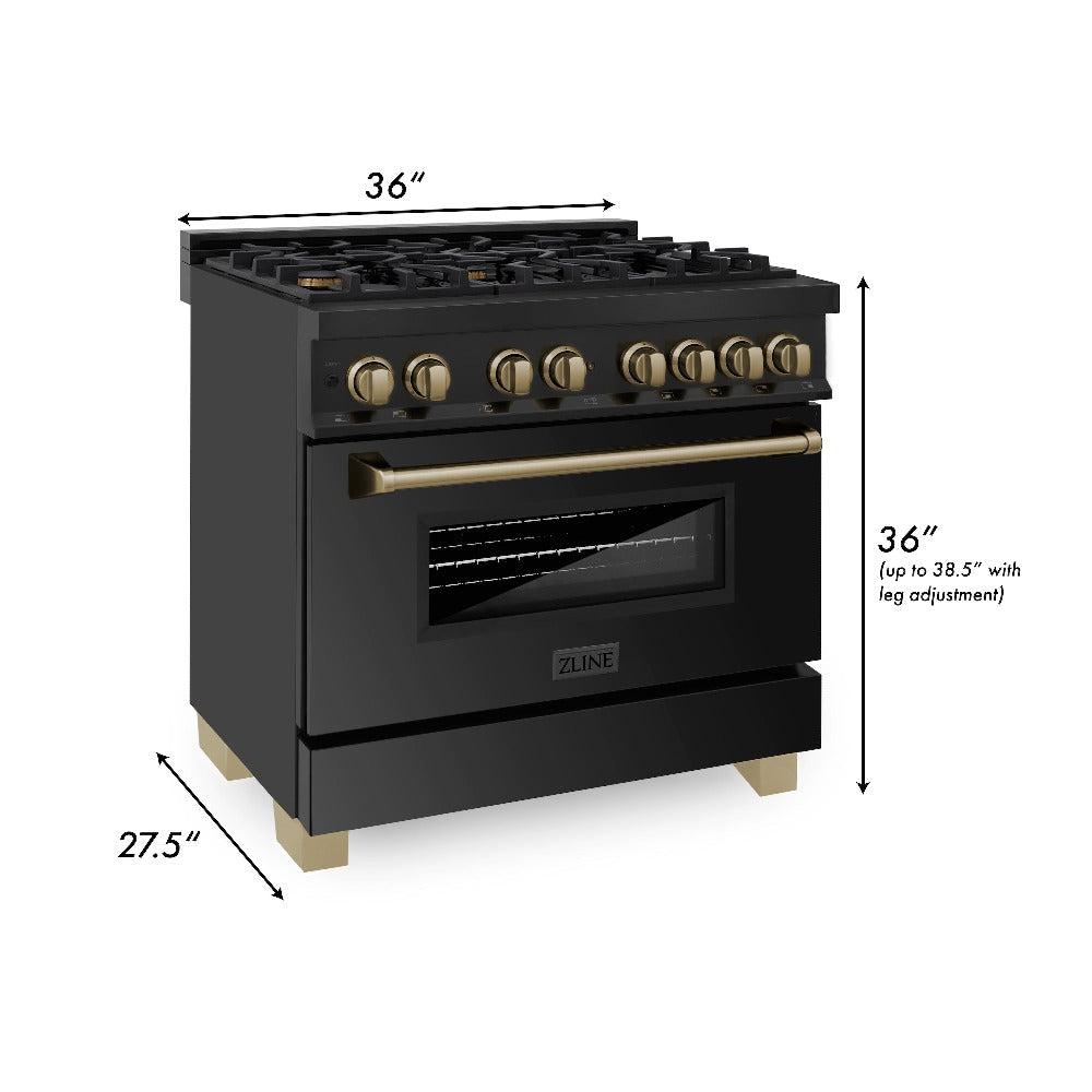 ZLINE Autograph Edition 36 in. Kitchen Package with Black Stainless Steel Dual Fuel Range and Range Hood with Champagne Bronze Accents (2AKP-RABRH36-CB)