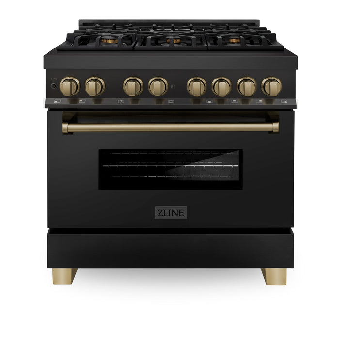 ZLINE 24", 30" &amp; 36" Autograph Edition Legacy Dual Fuel Range with 6 Burner Gas Cooktop and Electric Convection Oven in Black Stainless Steel in Champagne Bronze Accents