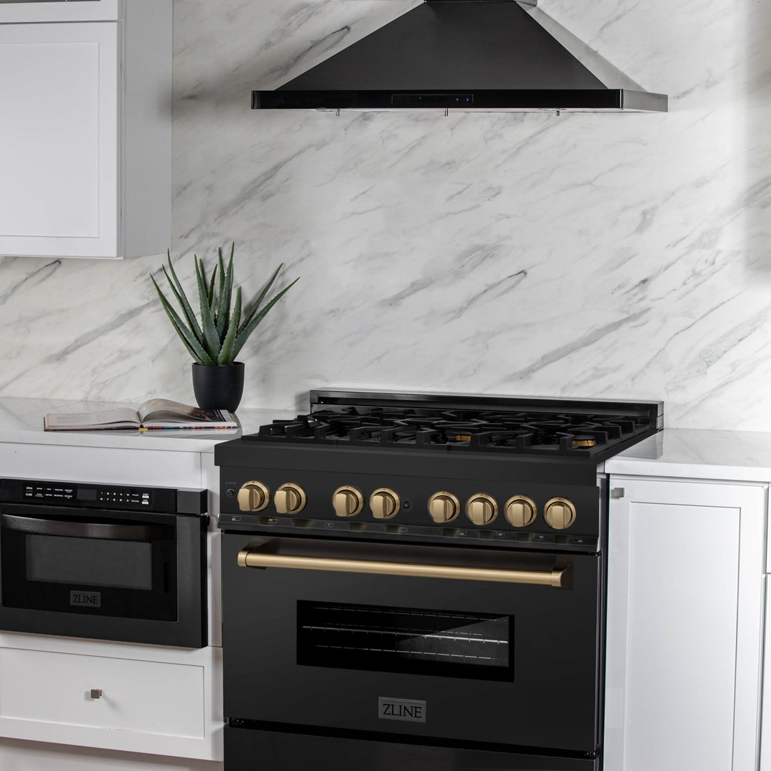 ZLINE 24", 30" &amp; 36" Autograph Edition Legacy Dual Fuel Range with 6 Burner Gas Cooktop and Electric Convection Oven in Black Stainless Steel in Champagne Bronze Accents