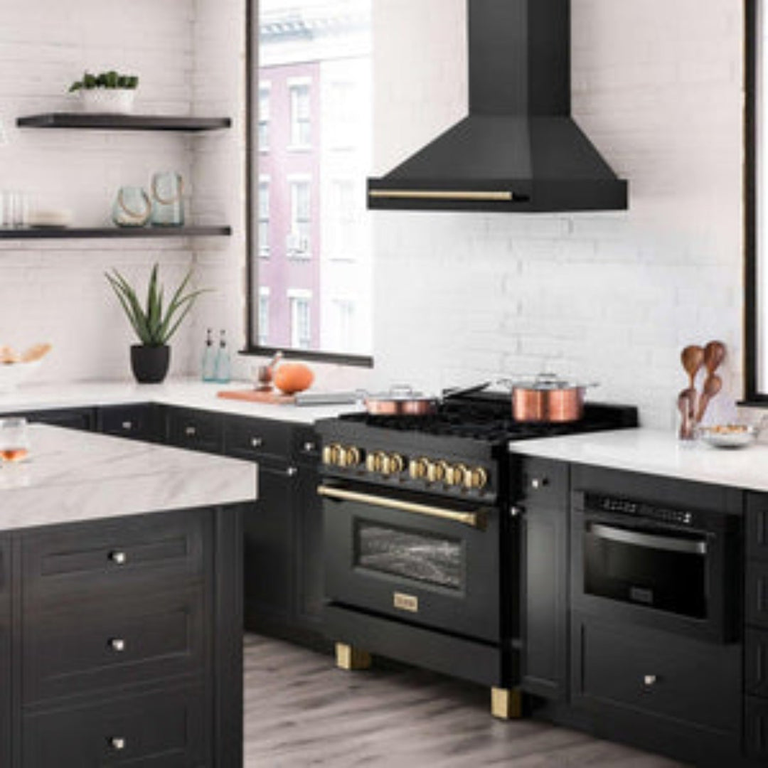 ZLINE 36" Black Stainless Steel Range Hood with Champagne Bronze Handle