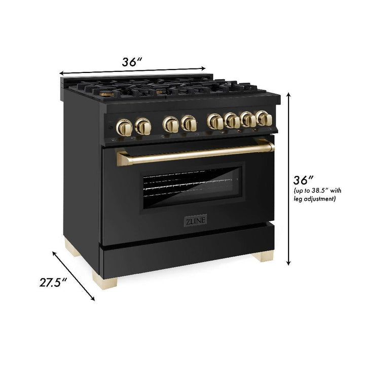 ZLINE Autograph Edition 36 in. Kitchen Package with Black Stainless Steel Dual Fuel Range, Range Hood, Dishwasher and Refrigerator with Polished Gold Accents (4AKPR-RABRHDWV36-G)