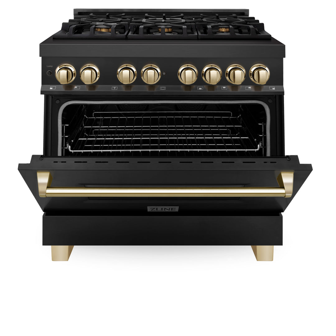 ZLINE Autograph 36" 4.6 cu. ft. Dual Fuel Range in Black Stainless Steel with Gold Accents, RABZ-36-G