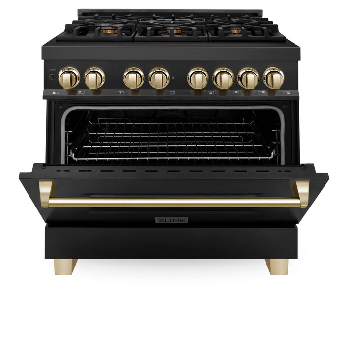 ZLINE Autograph 36" 4.6 cu. ft. Dual Fuel Range in Black Stainless Steel with Gold Accents, RABZ-36-G