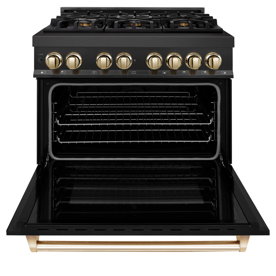 ZLINE Autograph 36" 4.6 cu. ft. Dual Fuel Range in Black Stainless Steel with Gold Accents, RABZ-36-G