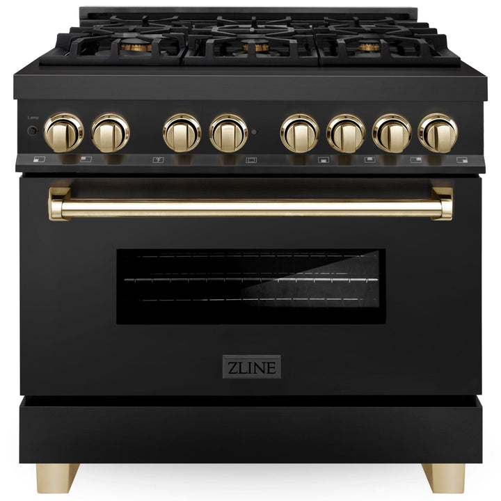 ZLINE Autograph 36" 4.6 cu. ft. Dual Fuel Range in Black Stainless Steel with Gold Accents, RABZ-36-G