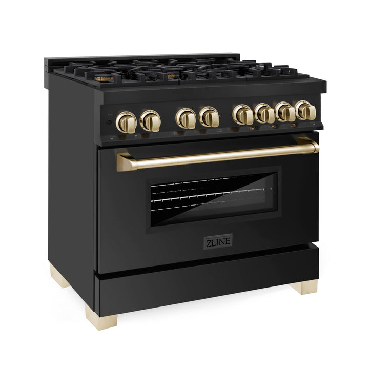 ZLINE Autograph 36" 4.6 cu. ft. Dual Fuel Range in Black Stainless Steel with Gold Accents, RABZ-36-G