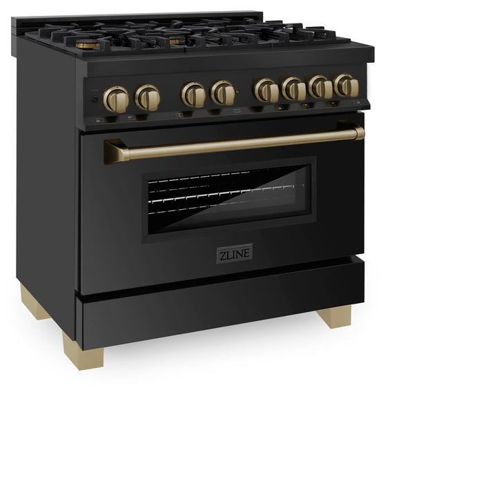 ZLINE 24", 30" &amp; 36" Autograph Edition Legacy Dual Fuel Range with 6 Burner Gas Cooktop and Electric Convection Oven in Black Stainless Steel in Champagne Bronze Accents