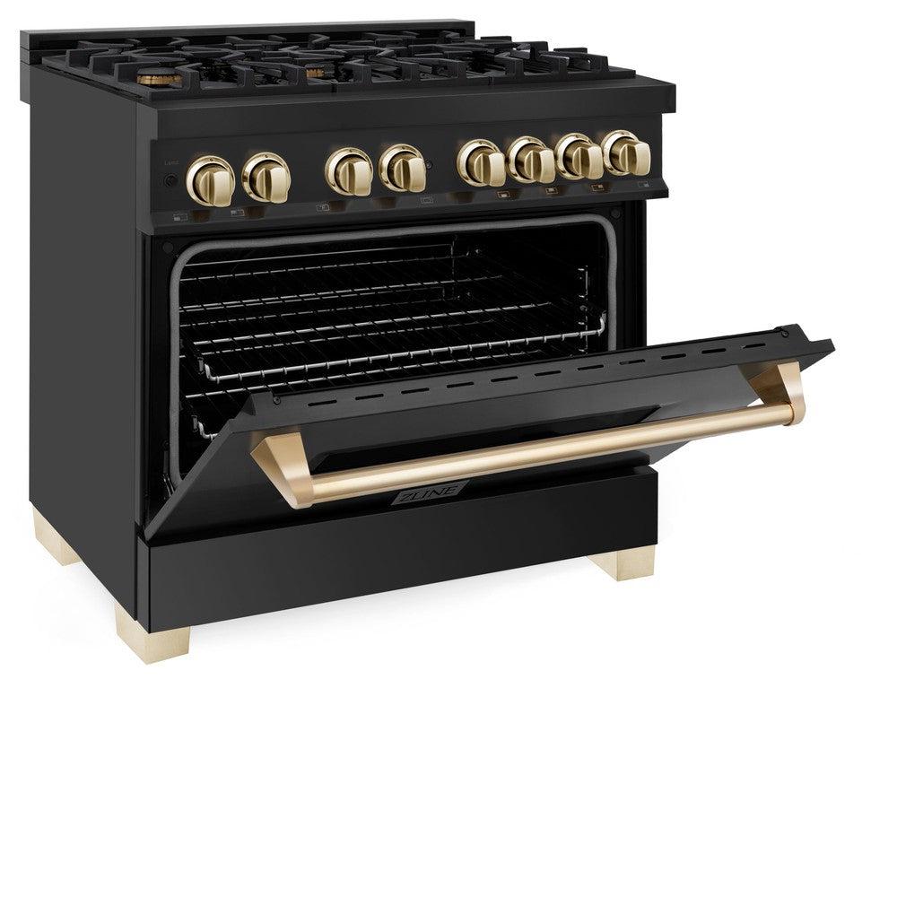 ZLINE Autograph Edition 36 in. Kitchen Package with Black Stainless Steel Dual Fuel Range, Range Hood, Dishwasher and Refrigerator with Polished Gold Accents (4AKPR-RABRHDWV36-G)