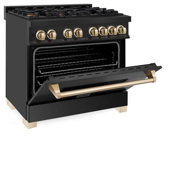 ZLINE Autograph Edition 36 in. Kitchen Package with Black Stainless Steel Dual Fuel Range, Range Hood, Dishwasher and Refrigerator with Polished Gold Accents (4AKPR-RABRHDWV36-G)