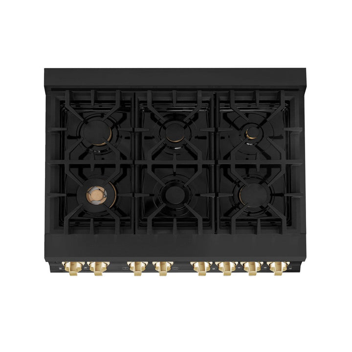 ZLINE Autograph Edition 36 in. 4.6 cu. ft. Legacy Dual Fuel Range with 6 Burner Gas Cooktop and Electric Convection Oven in Black Stainless Steel and Polished Gold Accents (RABZ-36-G)