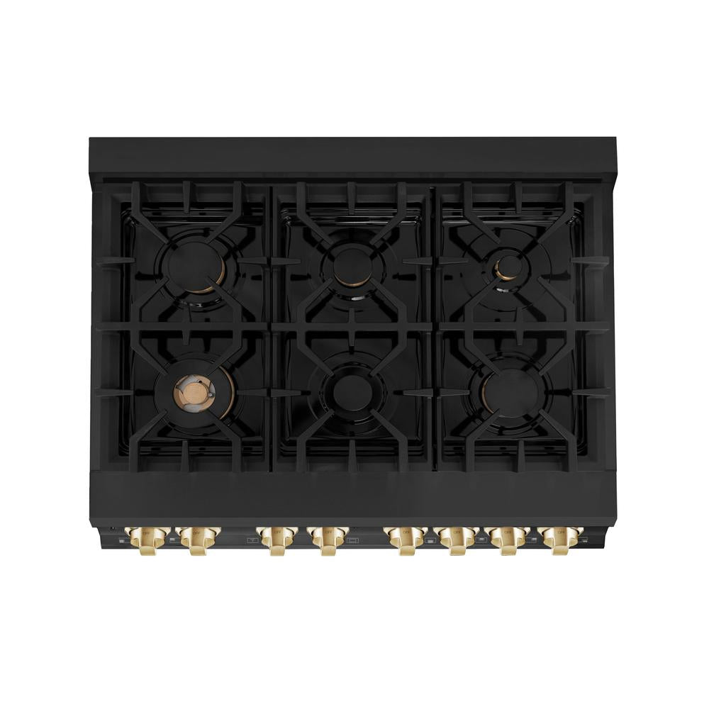 ZLINE Autograph Edition 36 in. Kitchen Package with Black Stainless Steel Dual Fuel Range and Range Hood with Polished Gold Accents (2AKP-RABRH36-G)