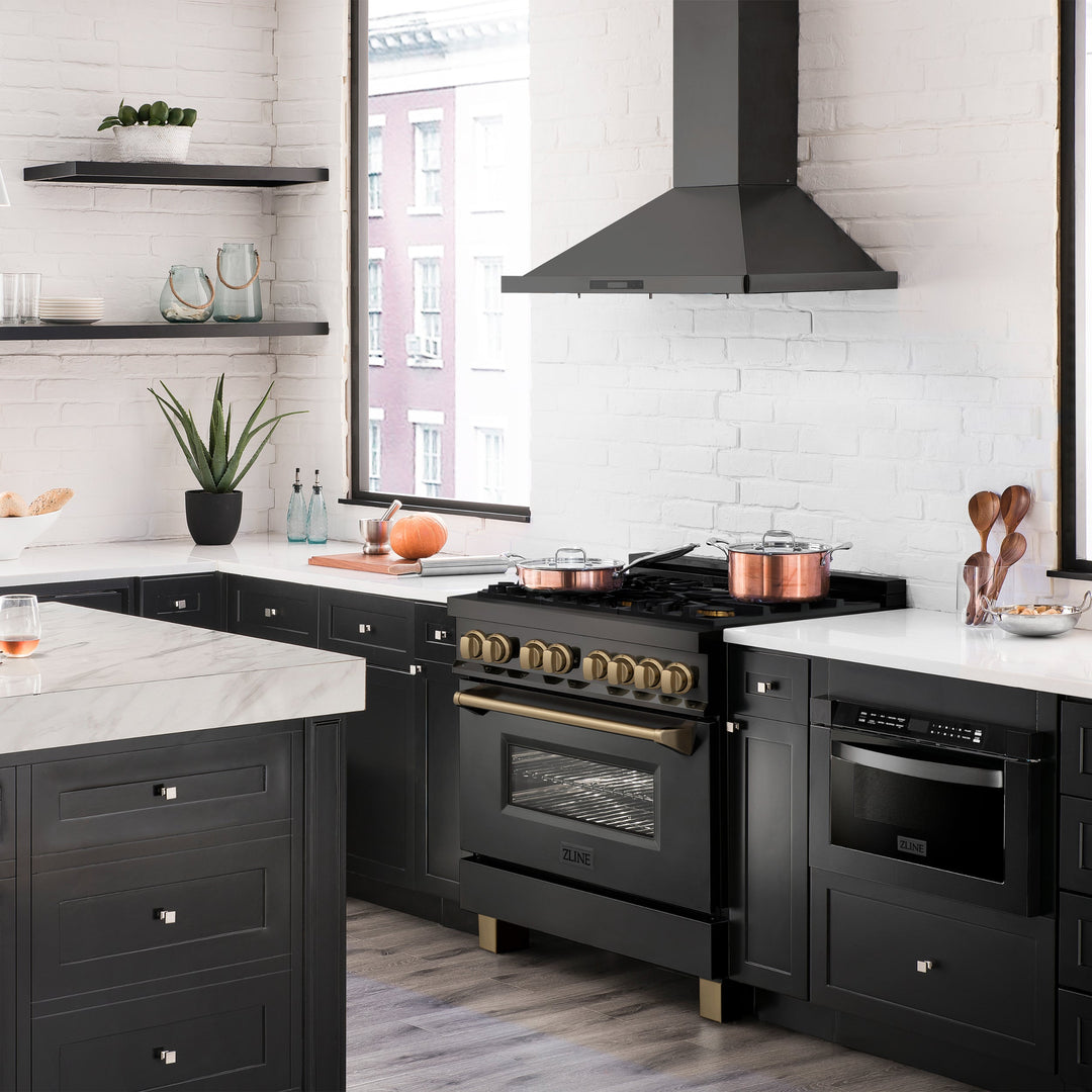 ZLINE 24", 30" &amp; 36" Autograph Edition Legacy Dual Fuel Range with 6 Burner Gas Cooktop and Electric Convection Oven in Black Stainless Steel in Champagne Bronze Accents