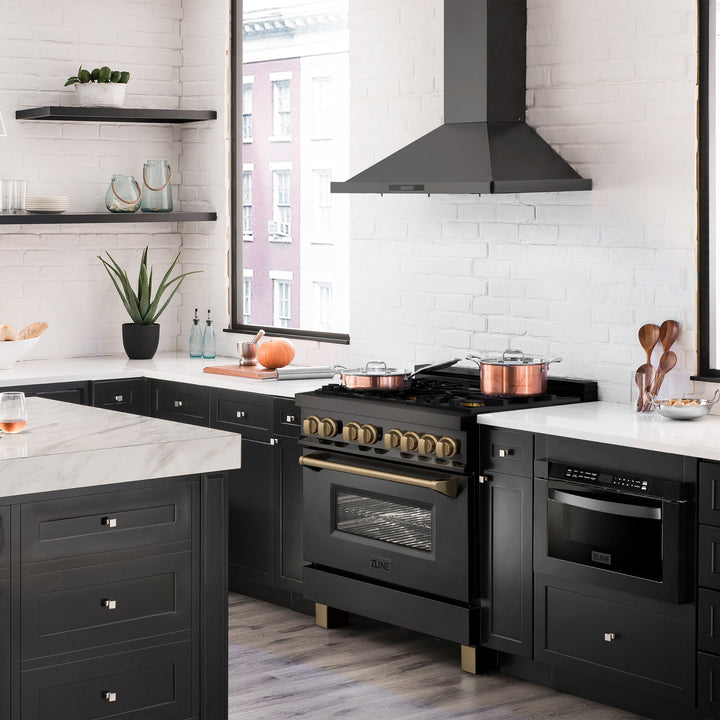 ZLINE 24", 30" &amp; 36" Autograph Edition Legacy Dual Fuel Range with 6 Burner Gas Cooktop and Electric Convection Oven in Black Stainless Steel in Champagne Bronze Accents