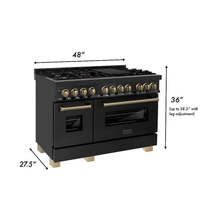ZLINE Autograph Edition 48 in. Kitchen Package with Black Stainless Steel Dual Fuel Range, Range Hood, Dishwasher and Refrigerator with Champagne Bronze Accents (4AKPR-RABRHDWV48-CB)