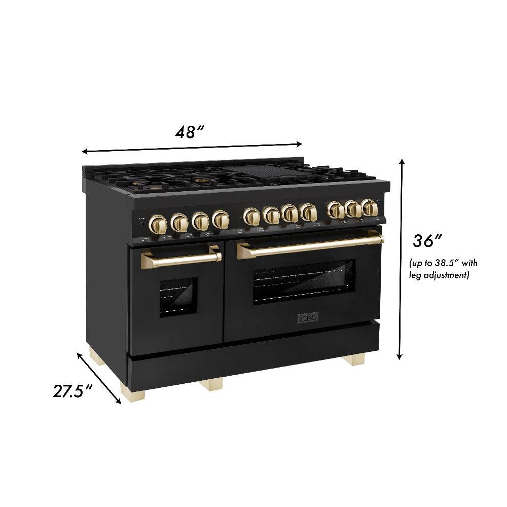 ZLINE Autograph Edition 48 in. Kitchen Package with Black Stainless Steel Dual Fuel Range, Range Hood, Dishwasher and Refrigerator Including External Water Dispenser with Polished Gold Accents (4AKPR-RABRHDWV48-G)