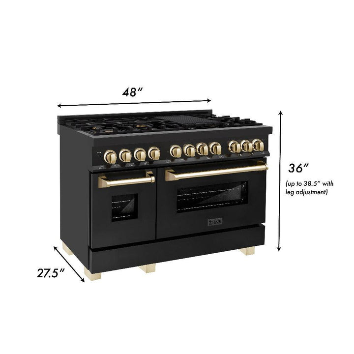 ZLINE Autograph Edition 48 in. Kitchen Package with Black Stainless Steel Dual Fuel Range, Range Hood, Dishwasher and Refrigerator Including External Water Dispenser with Polished Gold Accents (4AKPR-RABRHDWV48-G)