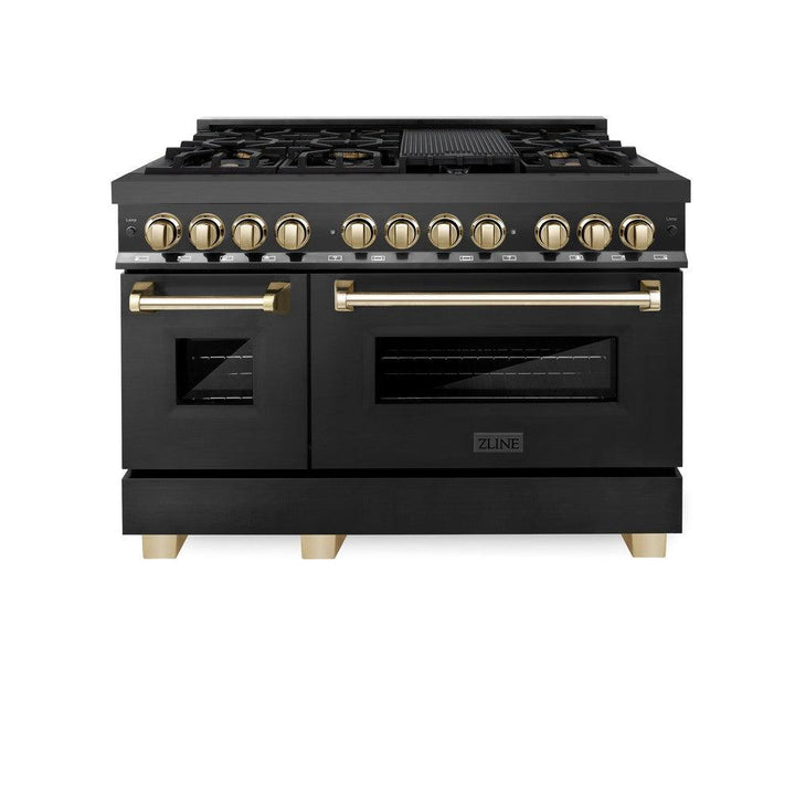 ZLINE Autograph 48" 6.0 cu. ft. Dual Fuel Range in Black Stainless Steel with Gold Accents, RABZ-48-G