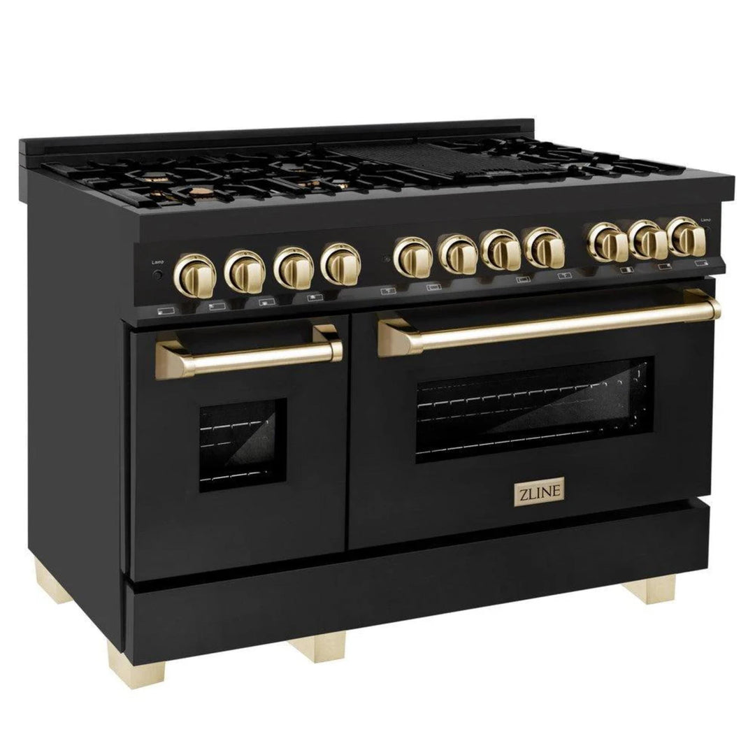 ZLINE Autograph Edition 30", 36", &amp; 48" Black Stainless Steel 4-Piece Kitchen Package with Dual Fuel Range, Range Hood, Dishwasher, and Refrigerator—Polished Gold Accents