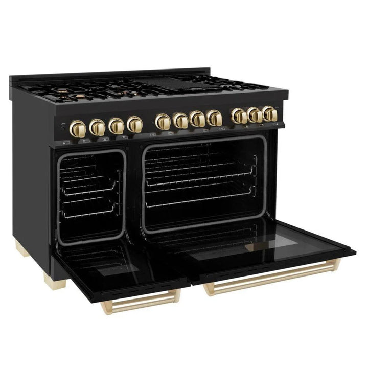 ZLINE Autograph Edition 30", 36", &amp; 48" Black Stainless Steel 4-Piece Kitchen Package with Dual Fuel Range, Range Hood, Dishwasher, and Refrigerator—Polished Gold Accents