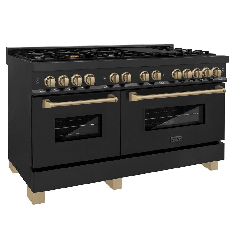 ZLINE Autograph 60" 7.4 cu. ft. Dual Fuel Range in Black Stainless Steel with Bronze Accents, RABZ-60-CB