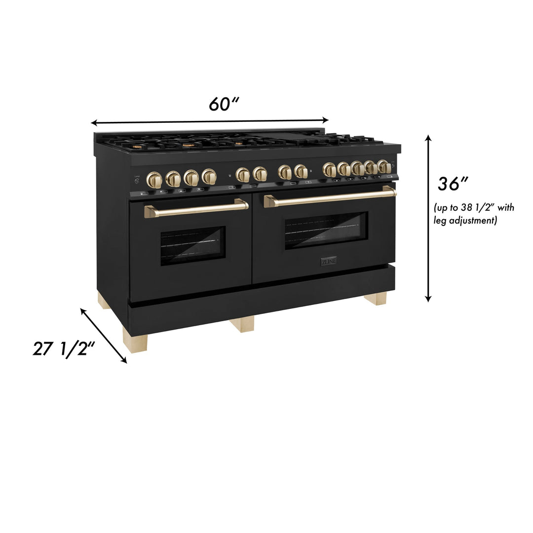 ZLINE Autograph 60" 7.4 cu. ft. Dual Fuel Range in Black Stainless Steel with Gold Accents, RABZ-60-G