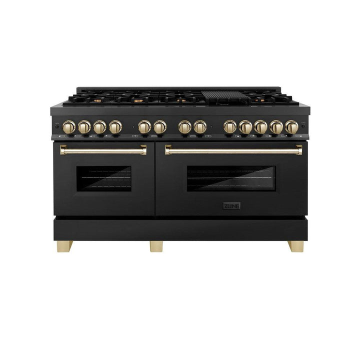 ZLINE Autograph 60" 7.4 cu. ft. Dual Fuel Range in Black Stainless Steel with Gold Accents, RABZ-60-G