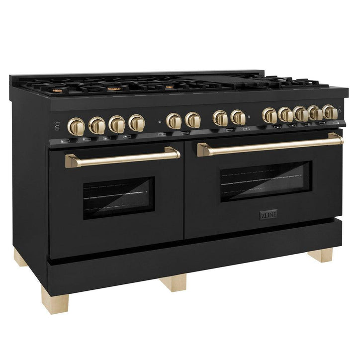 ZLINE Autograph 60" 7.4 cu. ft. Dual Fuel Range in Black Stainless Steel with Gold Accents, RABZ-60-G