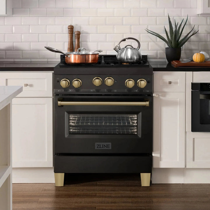ZLINE 30" 4 Piece Black Range, Range Hood, Dishwasher &amp; Refrigerator