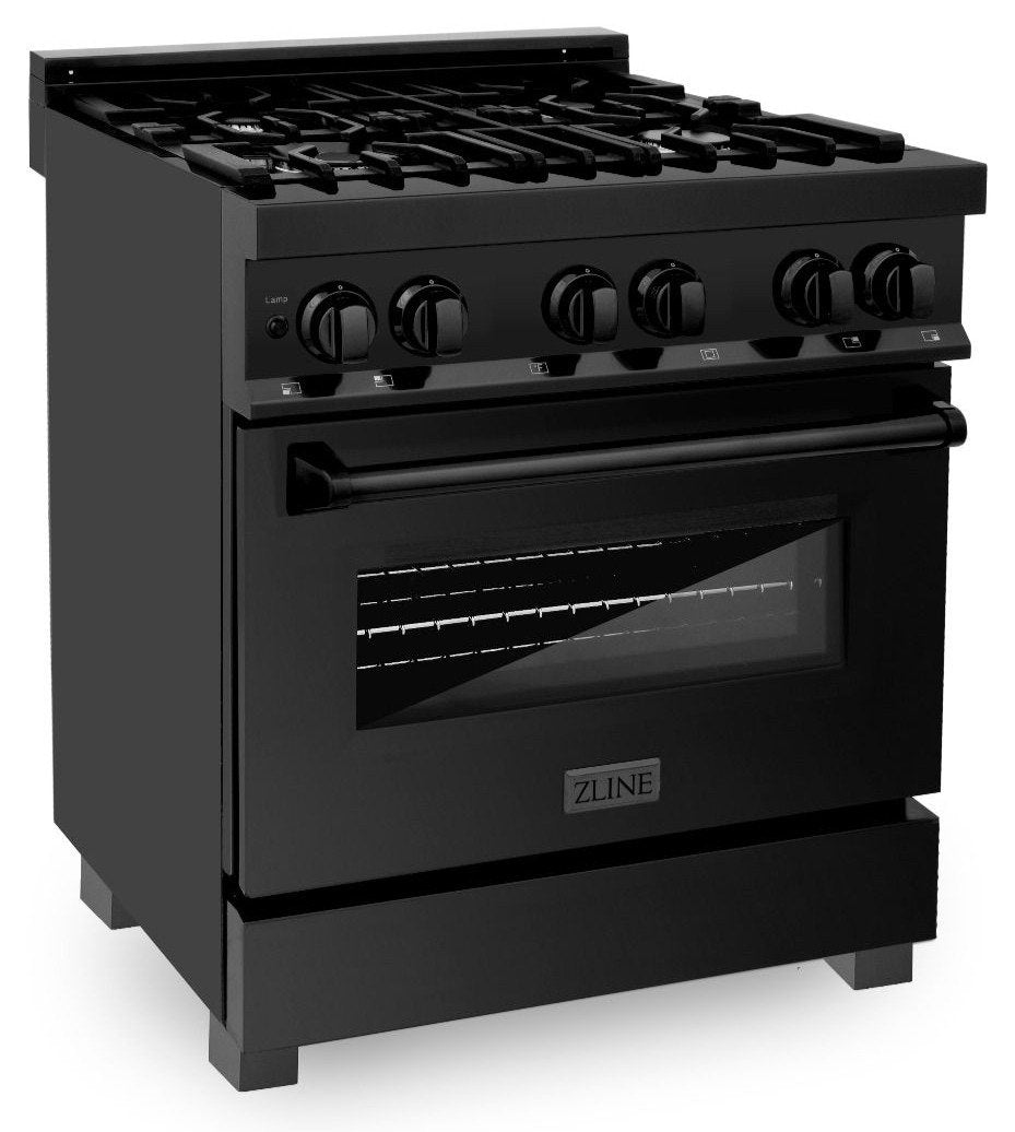 ZLINE 30 in. Dual Fuel Range in Black Stainless Steel & 30 in. Range Hood Appliance Package Appliance Package, 2KP-RABRH30