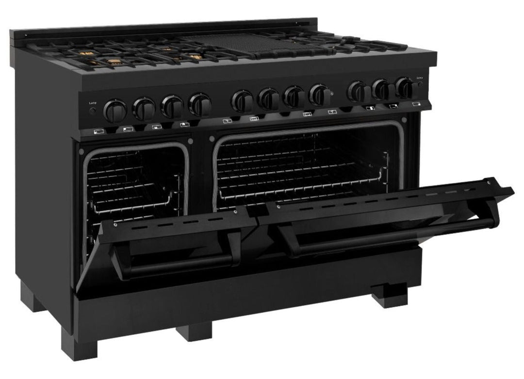 ZLINE 48 in. Professional Gas Burner, Electric Oven Range in Black Stainless with Brass Burners, RAB-BR-48