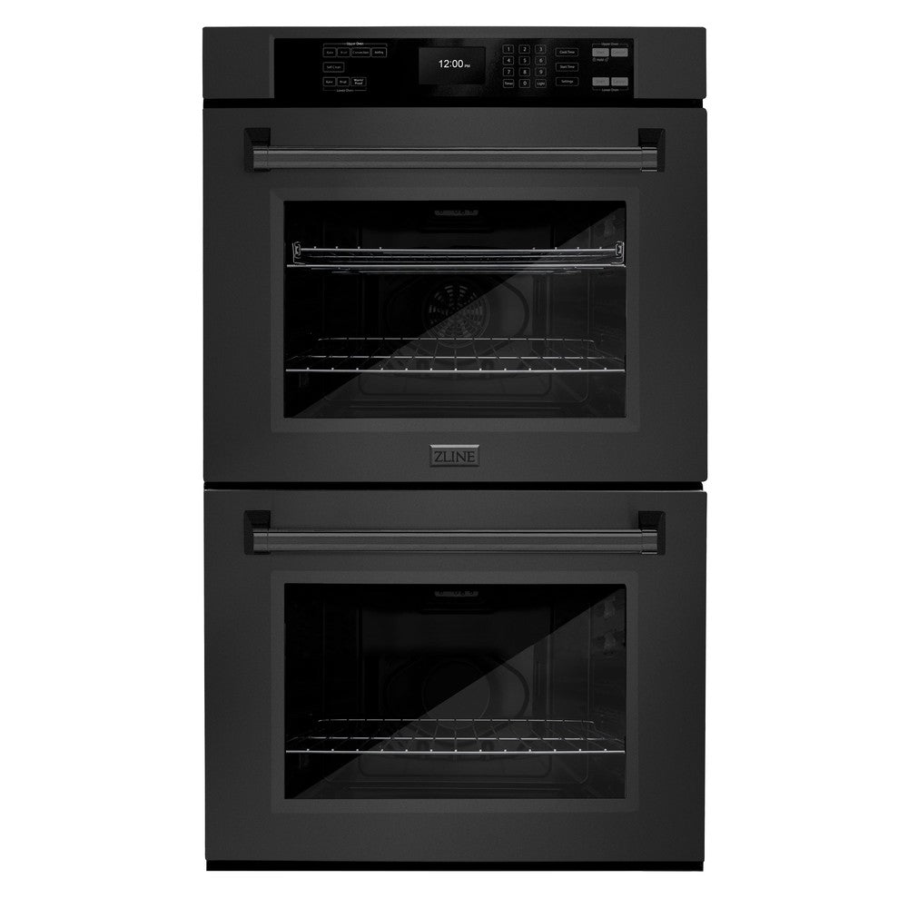 ZLINE Kitchen Package with 30 in. Black Stainless Steel Rangetop, 30 in. Over The Range Microwave with Modern Handle and Double Wall Oven (3KP-RTBOTR30-AWD)