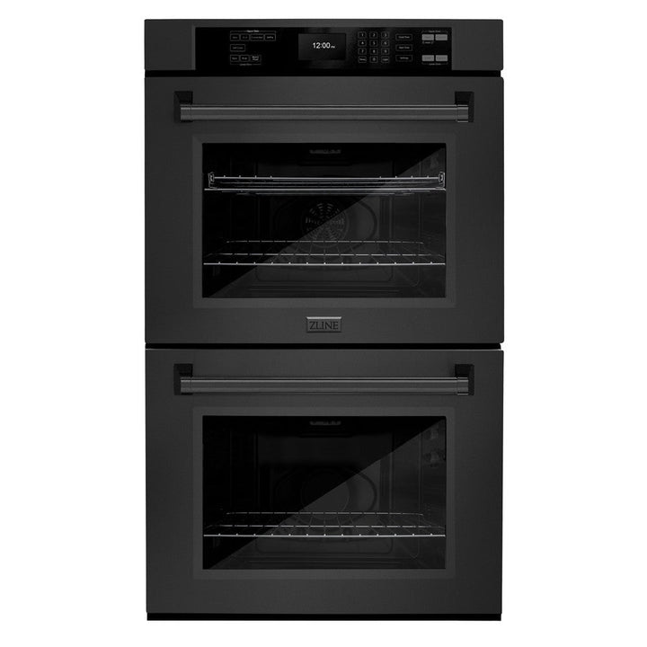 ZLINE Kitchen Package with 30 in. Black Stainless Steel Rangetop, 30 in. Over The Range Microwave with Modern Handle and Double Wall Oven (3KP-RTBOTR30-AWD)