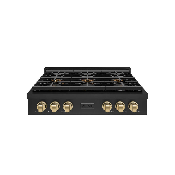 ZLINE Autograph Edition Paramount Gas Rangetops with 6 and 8 Burner DuoPro™ Cooktops in Black Stainless Steel and Champagne Bronze Accents