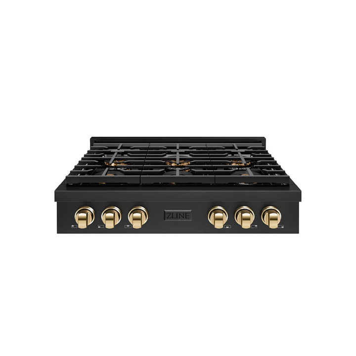 ZLINE Autograph Edition Paramount Gas Rangetop with 6 and 8 Burner DuoPro™ Cooktop in Black Stainless Steel with Polished Gold Accents