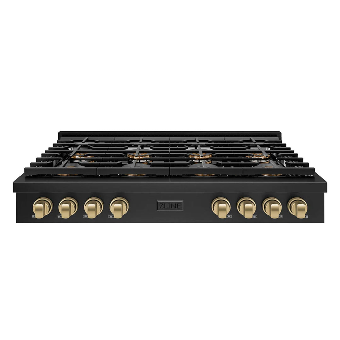 ZLINE Autograph Edition Paramount Gas Rangetops with 6 and 8 Burner DuoPro™ Cooktops in Black Stainless Steel and Champagne Bronze Accents