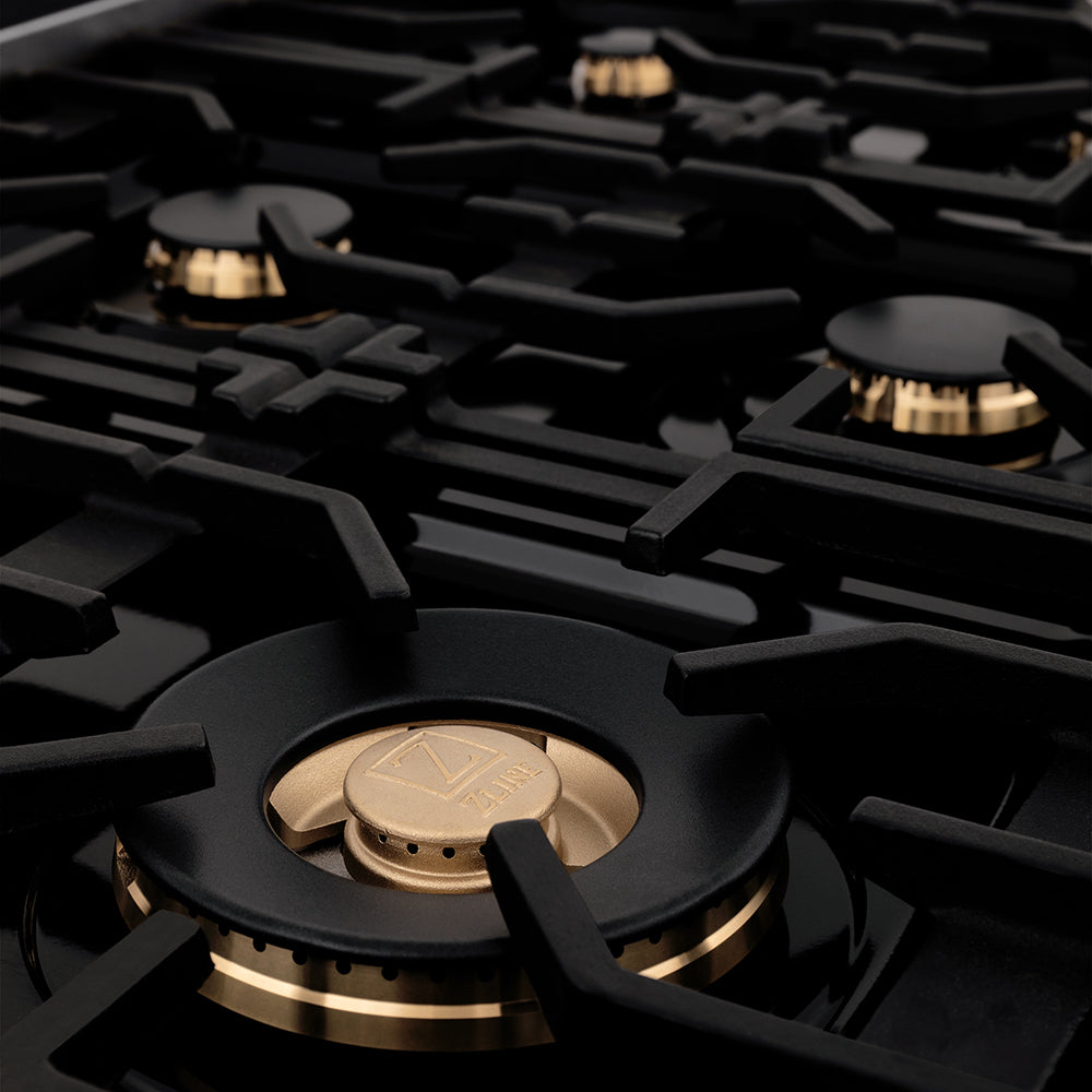 ZLINE 36 in. 4.6 cu. ft. Legacy Dual Fuel Range with Gas Cooktop and Electric Convection Oven in Black Stainless Steel with 6 Brass Burners, Open Box-Excellent Condition
