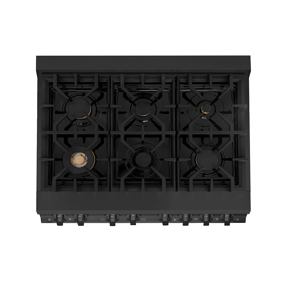 ZLINE 36 in. 4.6 cu. ft. Legacy Dual Fuel Range with Gas Cooktop and Electric Convection Oven in Black Stainless Steel with 6 Brass Burners, Open Box-Excellent Condition