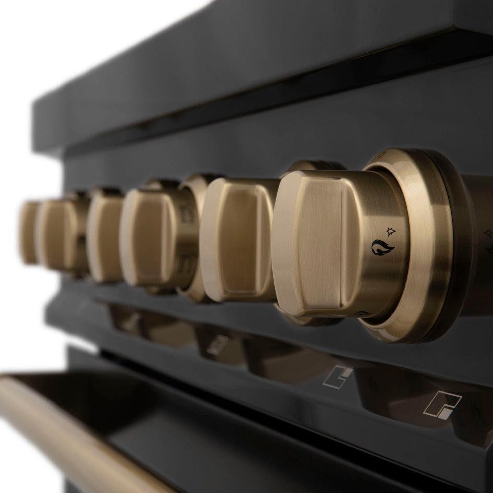 ZLINE Autograph Edition 48 in. Kitchen Package with Black Stainless Steel Dual Fuel Range, Range Hood, Dishwasher and Refrigerator with Champagne Bronze Accents (4AKPR-RABRHDWV48-CB)