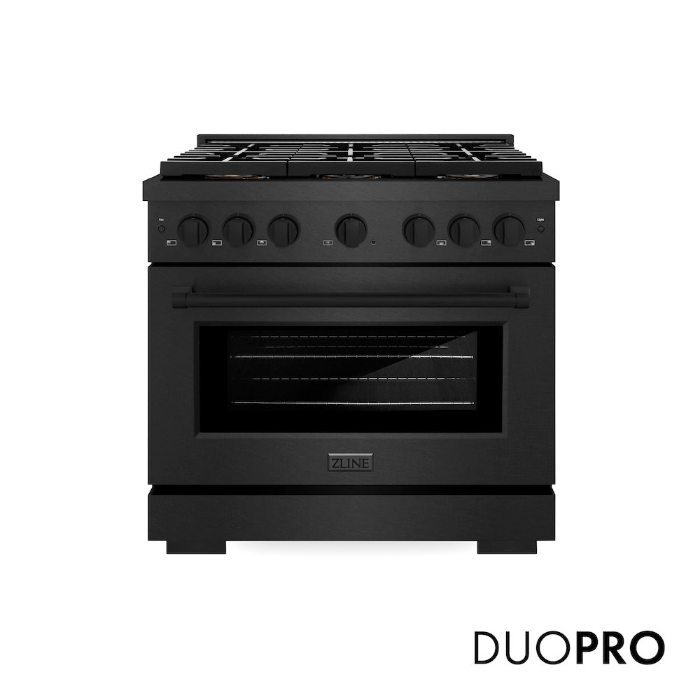 ZLINE 36 in. 5.2 cu. ft. Paramount Dual Fuel Range with 6 Burner DuoPro™ Cooktop and Electric Convection Oven in Black Satin Stainless Steel, Open Box-Excellent Condition