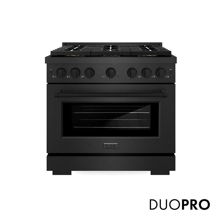 ZLINE 36 in. 5.2 cu. ft. Paramount Gas Range with 6 Burner DuoPro™ Cooktop and Convection Gas Oven in Black Satin Stainless Steel, Open Box-Excellent Condition