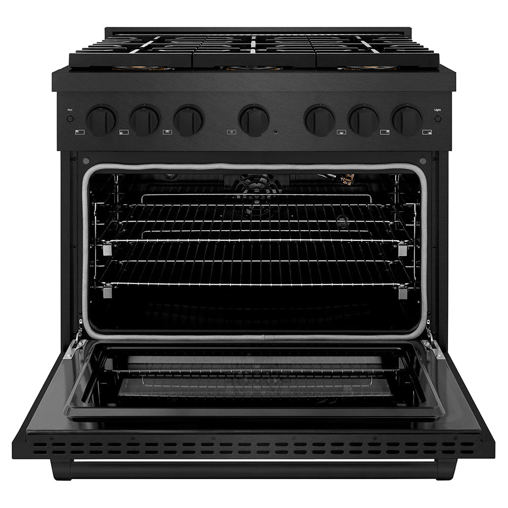 ZLINE 36 in. 5.2 cu. ft. Paramount Gas Range with 6 Burner DuoPro™ Cooktop and Convection Gas Oven in Black Satin Stainless Steel, Open Box-Excellent Condition