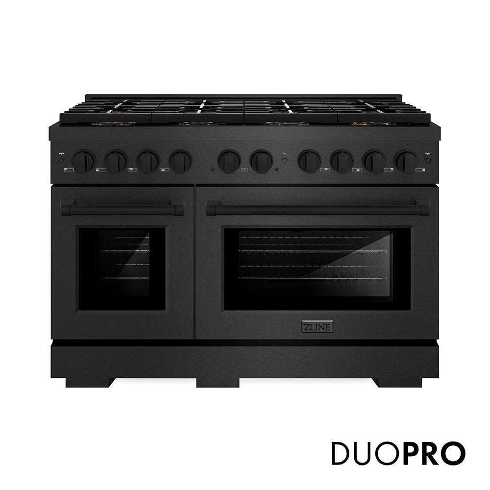 ZLINE 48 in. 6.7 cu. ft. Paramount Gas Range with 8 Burner DuoPro™ Cooktop and Dual Ovens in Black Satin Stainless Steel, Open Box-Excellent Condition