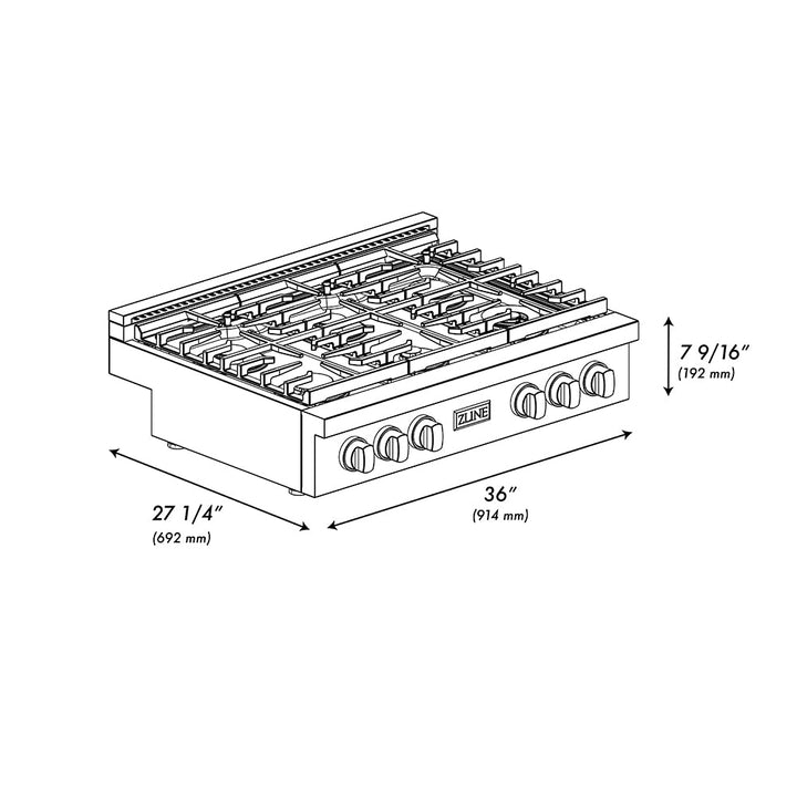 ZLINE 36 in. Paramount Gas Rangetop with 6 Burners and Porcelain Cooktop in Black Satin Stainless Steel, Open Box-Excellent Condition