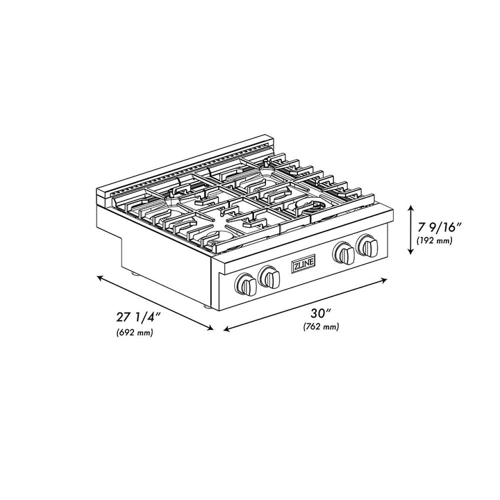 ZLINE 30 in. Paramount Gas Rangetop with 4 Brass Burners and Porcelain Cooktop in Black Satin Stainless Steel (SRTBS-BR-30)