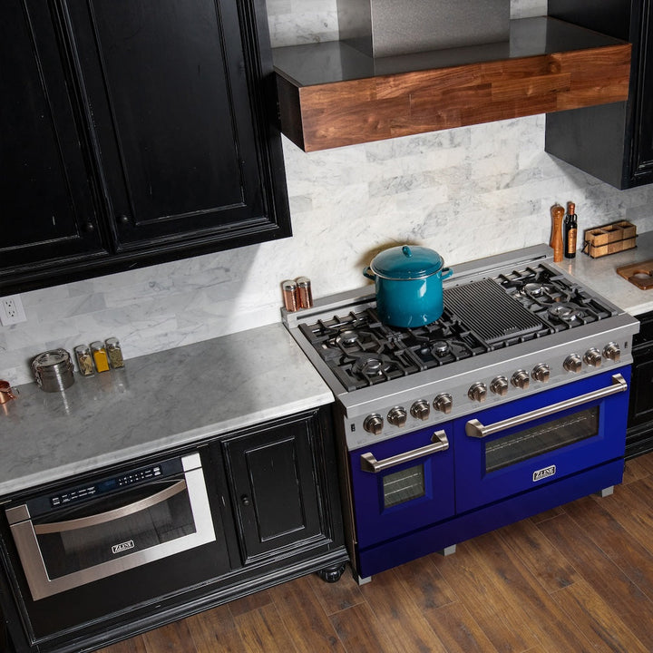 ZLINE 48 in. 6.0 cu. ft. Legacy Dual Fuel Range with 7 Burner Gas Cooktop and 2 Electric Ovens in Satin Stainless Steel and Blue Gloss Doors (RAS-BG-48)